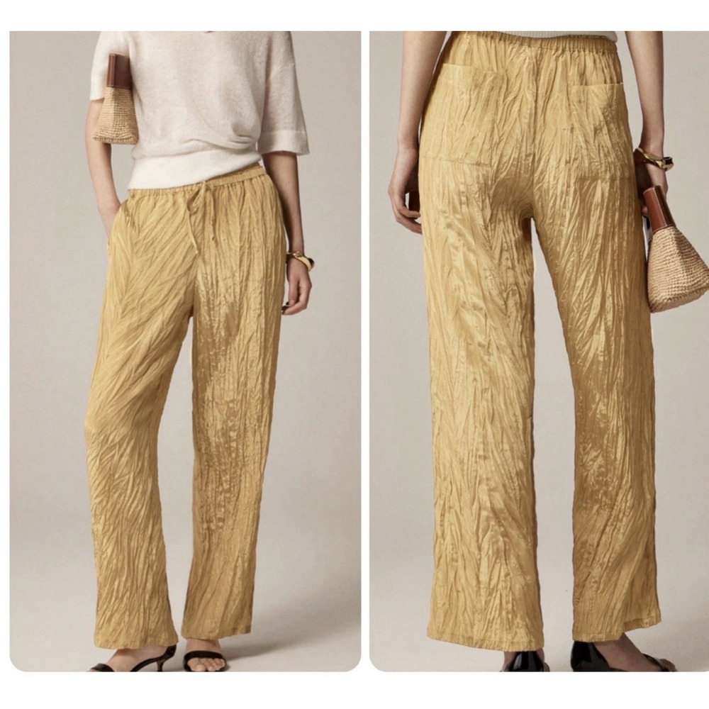 J. Crew Soleil Gold Metallic Crinkle Pull On Wide Leg Pants Boho Festival XST